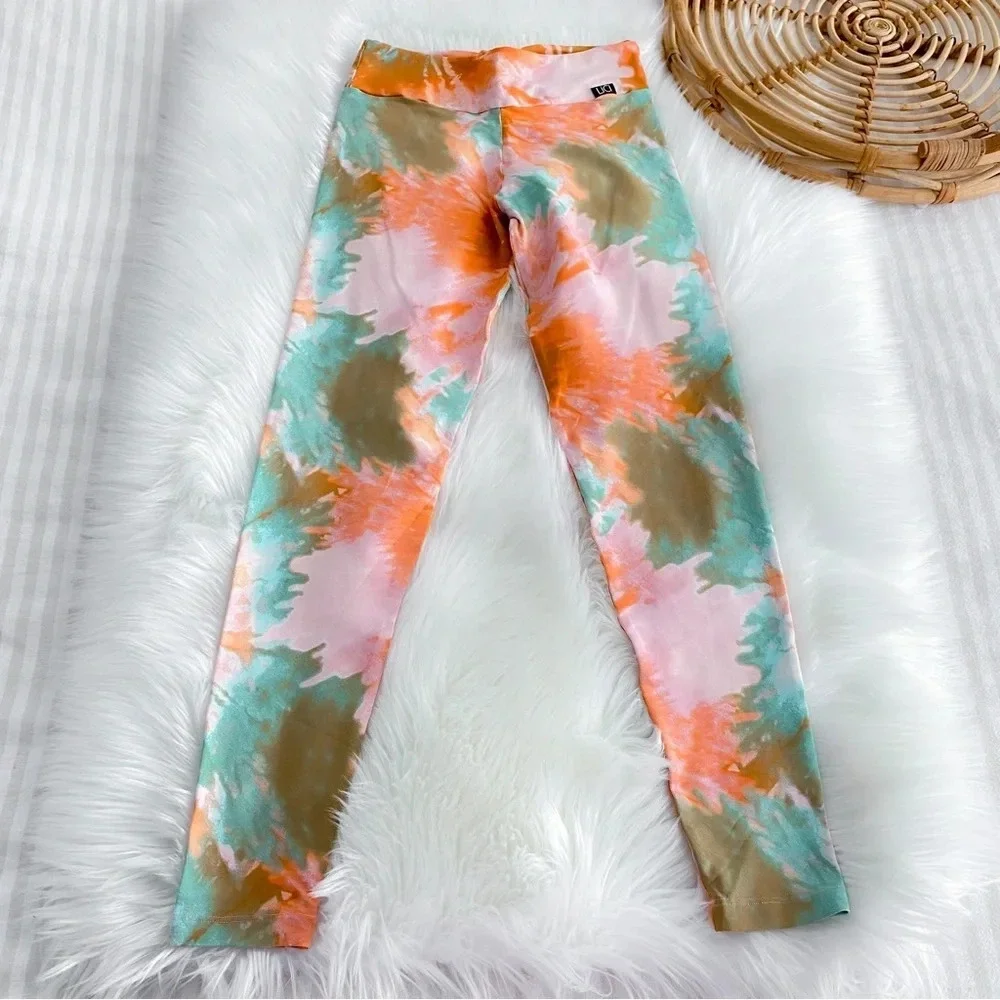 Lici Fit Tie Due Bloom Leggings Multicolored Orange Blue High Waisted Rise S